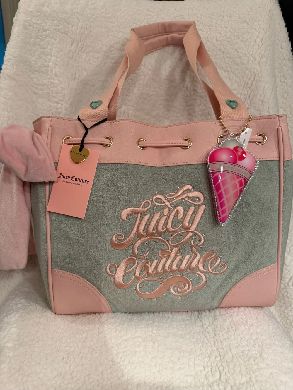Juicy Couture Pink and Green Embroidered Logo Tote